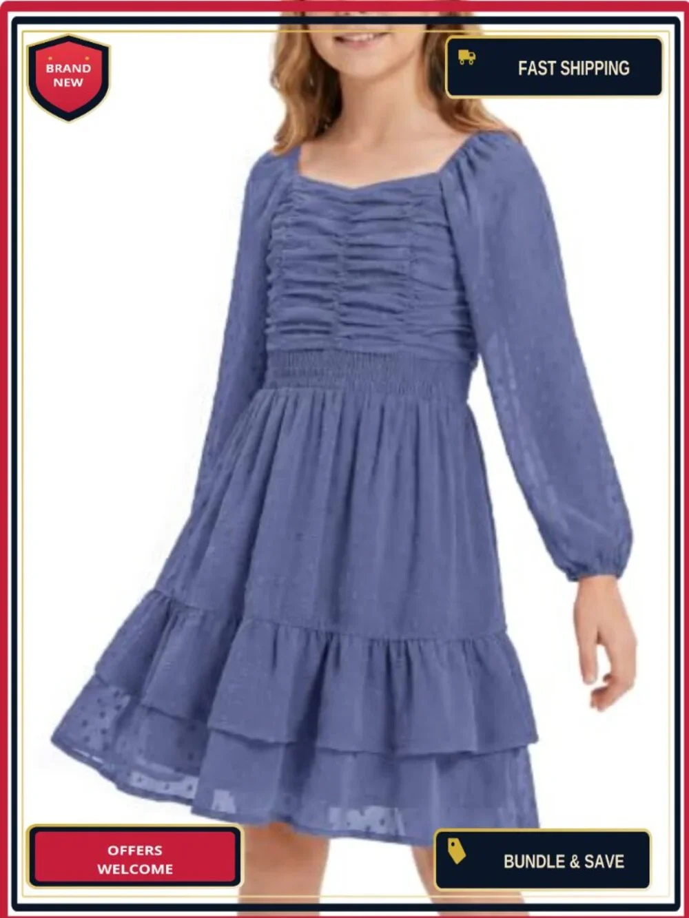 Girls Swiss Dot Chiffon Ruffle A-Line Dress Long Sleeve Party Birthday
